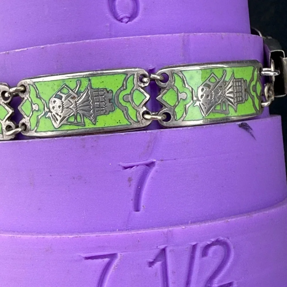 Vintage Enamel Panel Bracelet Green Figural Link 7in